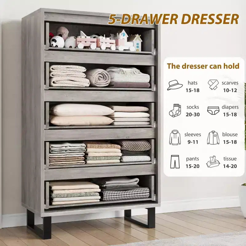 5 Drawer Dresser for Bedroom, 50 Tall Wooden Vertical Chest, Freestanding Storage Cabinet for Living Room, Hallway, Entryway