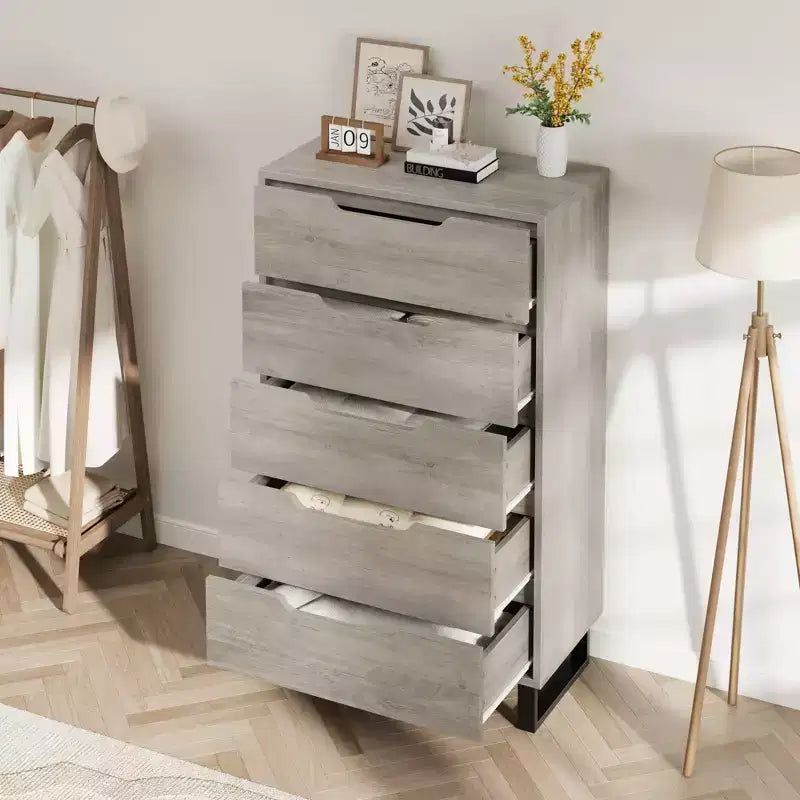 5 Drawer Dresser for Bedroom, 50 Tall Wooden Vertical Chest, Freestanding Storage Cabinet for Living Room, Hallway, Entryway