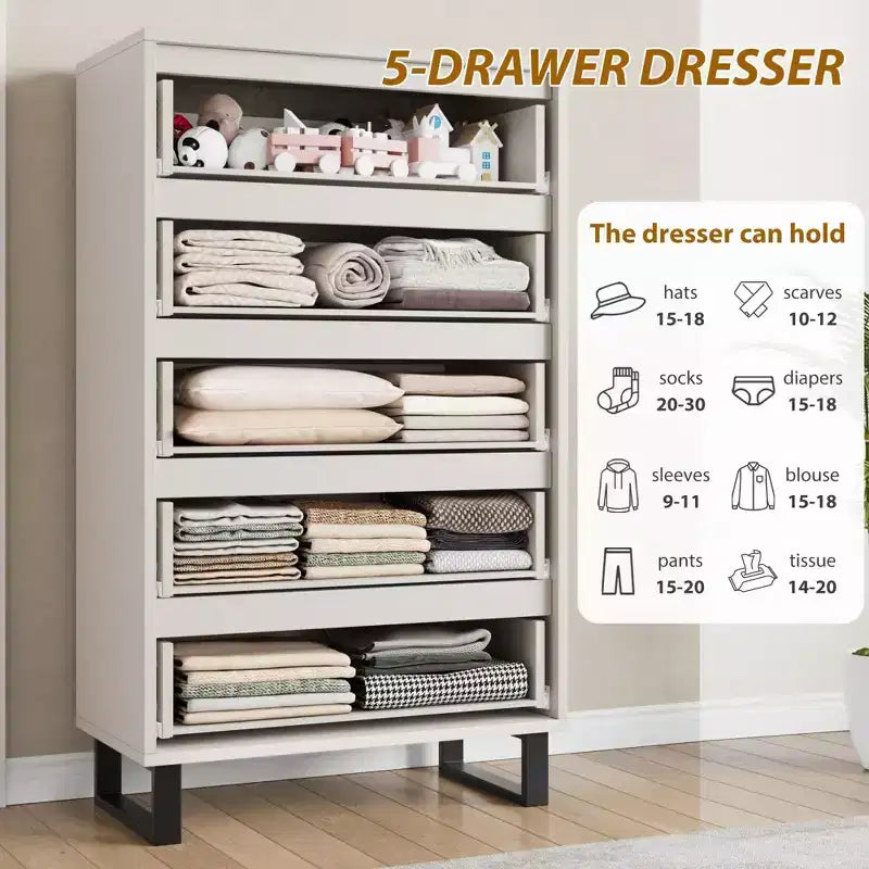 5 Drawer Dresser for Bedroom, 50 Tall Wooden Vertical Chest, Freestanding Storage Cabinet for Living Room, Hallway, Entryway