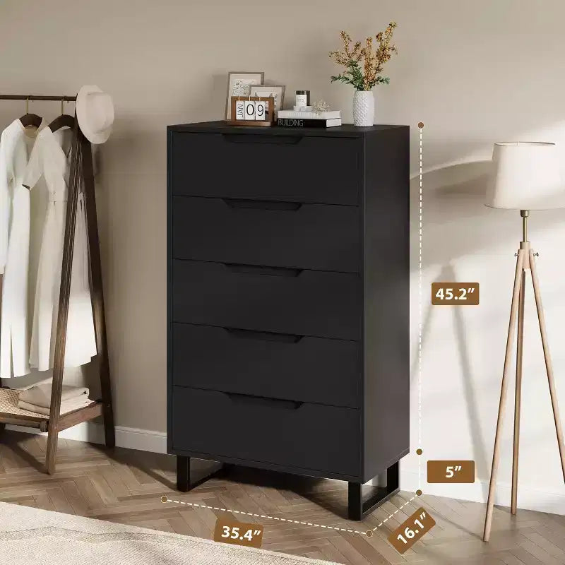5 Drawer Dresser for Bedroom, 50 Tall Wooden Vertical Chest, Freestanding Storage Cabinet for Living Room, Hallway, Entryway
