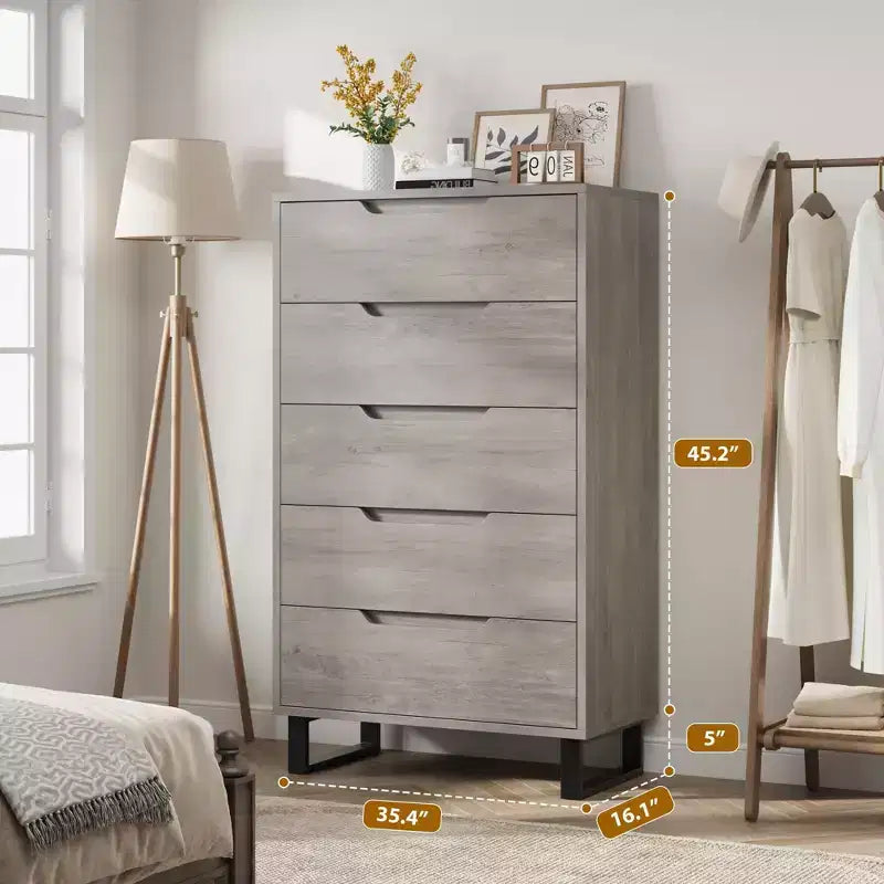 5 Drawer Dresser for Bedroom, 50 Tall Wooden Vertical Chest, Freestanding Storage Cabinet for Living Room, Hallway, Entryway