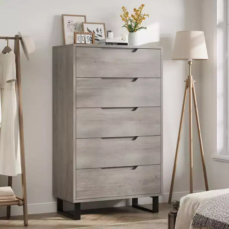 5 Drawer Dresser for Bedroom, 50 Tall Wooden Vertical Chest, Freestanding Storage Cabinet for Living Room, Hallway, Entryway