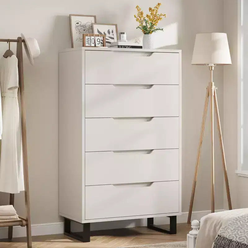5 Drawer Dresser for Bedroom, 50 Tall Wooden Vertical Chest, Freestanding Storage Cabinet for Living Room, Hallway, Entryway