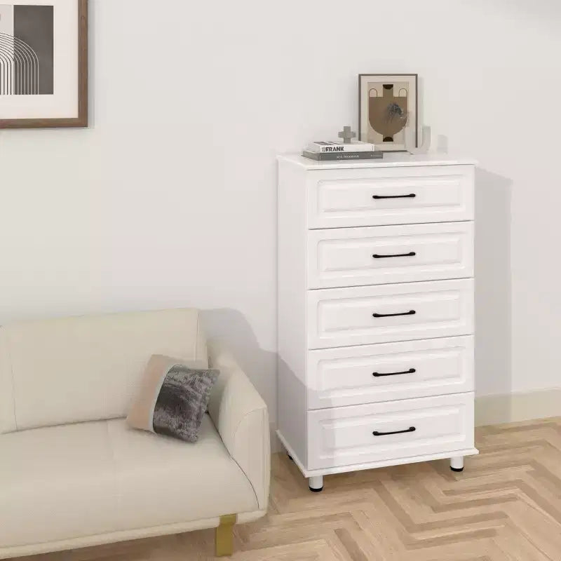 5 Drawer Dresser, White Tall Dresser for Bedroom, Closet Wood Storage with Steel Handles, White