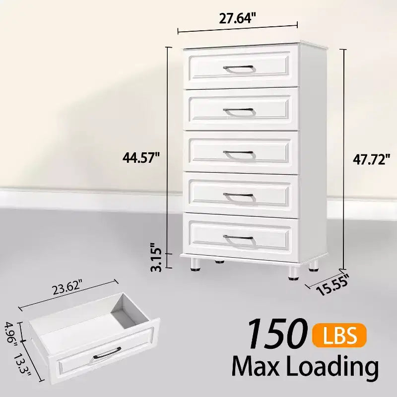 5 Drawer Dresser, White Tall Dresser for Bedroom, Closet Wood Storage with Steel Handles, White
