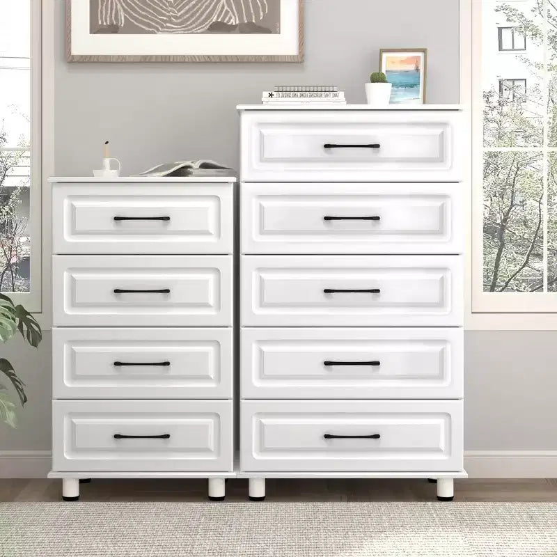 5 Drawer Dresser, White Tall Dresser for Bedroom, Closet Wood Storage with Steel Handles, White