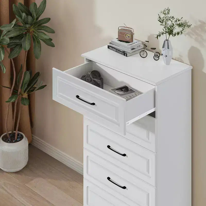 5 Drawer Dresser, White Tall Dresser for Bedroom, Closet Wood Storage with Steel Handles, White