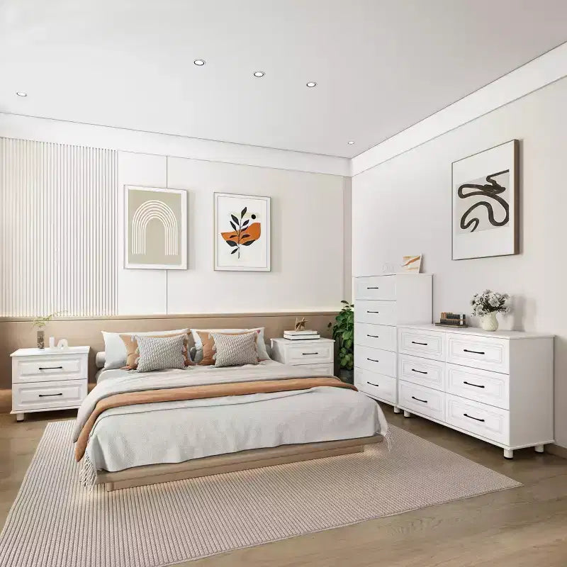 5 Drawer Dresser, White Tall Dresser for Bedroom, Closet Wood Storage with Steel Handles, White