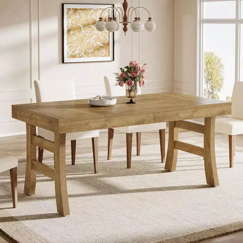 Table de salle à manger pour 4-6 personnes, grande table de cuisine rectangulaire avec pieds robustes pour cuisine, salle à manger, marron clair