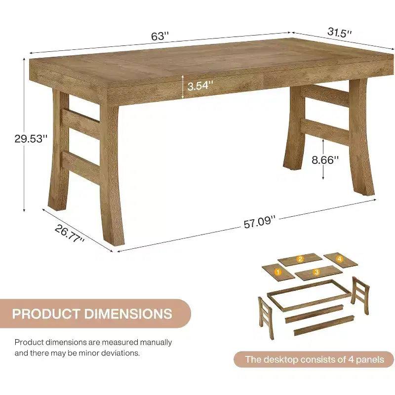 63Dining Table for 4-6 People, Rectangular Large Kitchen Dinner Eating Table with Sturdy Legs for Kitchen, Dining Room, Light Brown