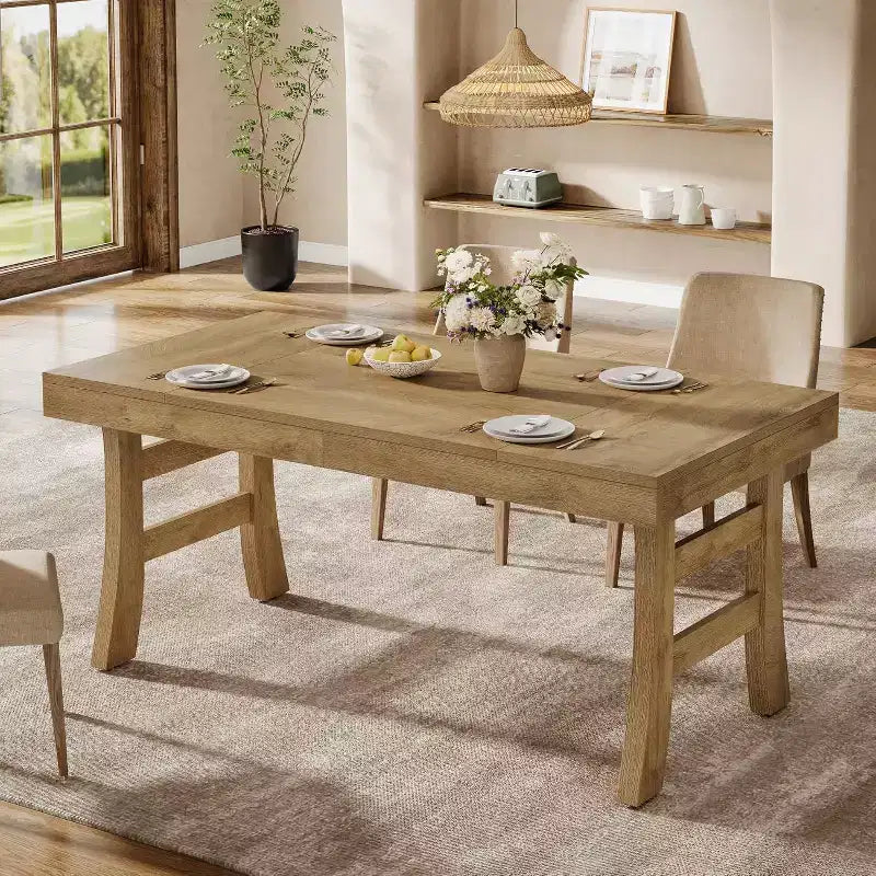 63Dining Table for 4-6 People, Rectangular Large Kitchen Dinner Eating Table with Sturdy Legs for Kitchen, Dining Room, Light Brown