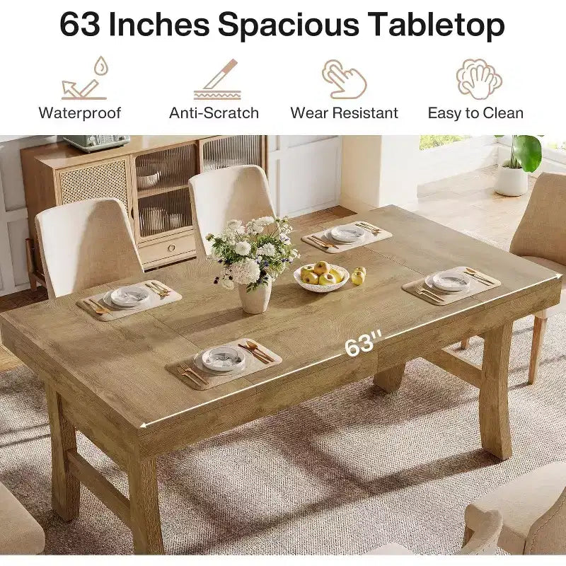 63Dining Table for 4-6 People, Rectangular Large Kitchen Dinner Eating Table with Sturdy Legs for Kitchen, Dining Room, Light Brown