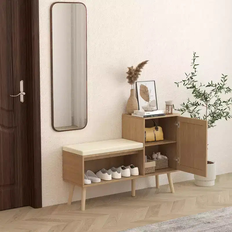 2-in-1 Shoe Storage Bench with Faux Rattan Doors and Cushioned Seat