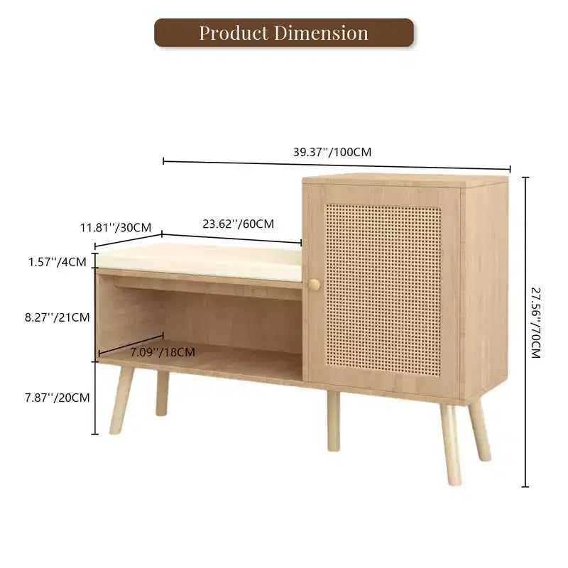 2-in-1 Shoe Storage Bench with Faux Rattan Doors and Cushioned Seat