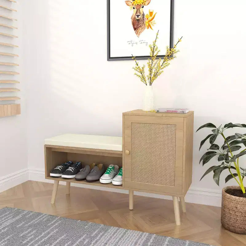 2-in-1 Shoe Storage Bench with Faux Rattan Doors and Cushioned Seat