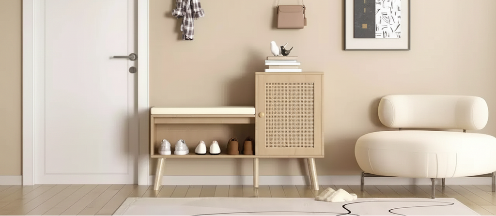 2-in-1 Shoe Storage Bench with Faux Rattan Doors and Cushioned Seat