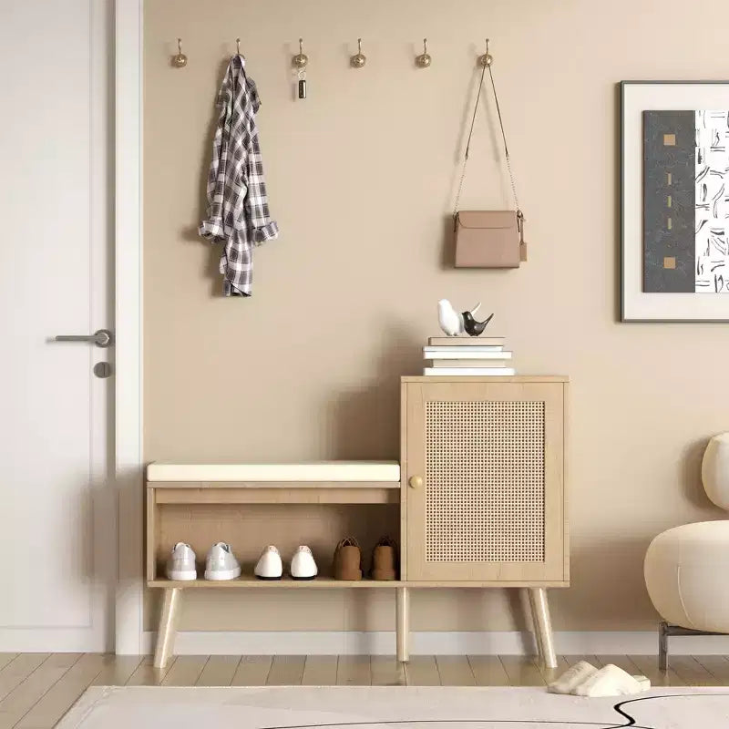 2-in-1 Shoe Storage Bench with Faux Rattan Doors and Cushioned Seat