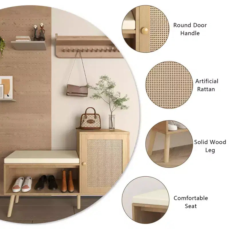 2-in-1 Shoe Storage Bench with Faux Rattan Doors and Cushioned Seat