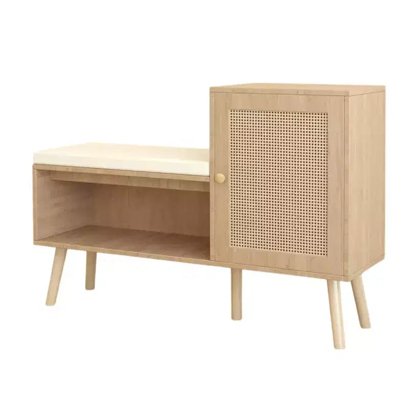 2-in-1 Shoe Storage Bench with Faux Rattan Doors and Cushioned Seat