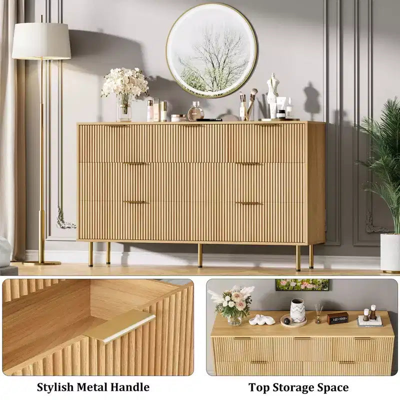 7 Drawer Dresser for Bedroom, 47W Wooden Chest of Drawers with Metal Handles, Fluted Dresser Storage Cabinet, TV Stand for Living Room