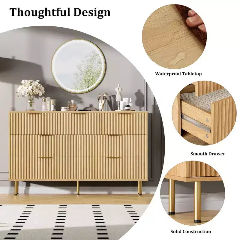 7 Drawer Dresser for Bedroom, 47W Wooden Chest of Drawers with Metal Handles, Fluted Dresser Storage Cabinet, TV Stand for Living Room