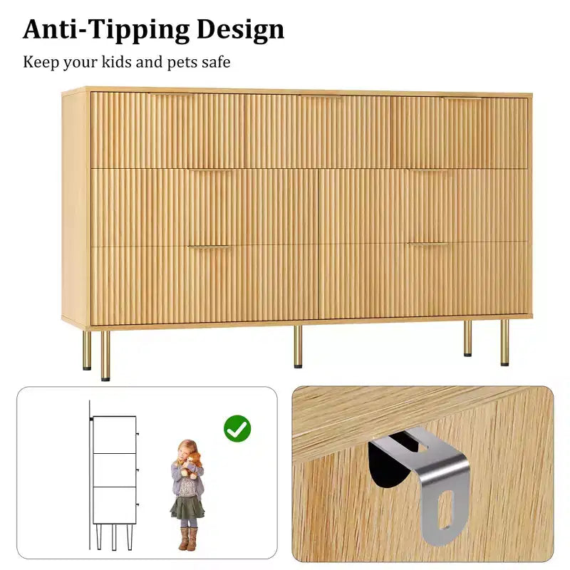 7 Drawer Dresser for Bedroom, 47W Wooden Chest of Drawers with Metal Handles, Fluted Dresser Storage Cabinet, TV Stand for Living Room