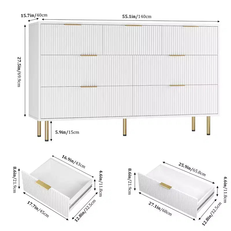 7 Drawer Dresser for Bedroom, 47W Wooden Chest of Drawers with Metal Handles, Fluted Dresser Storage Cabinet, TV Stand for Living Room