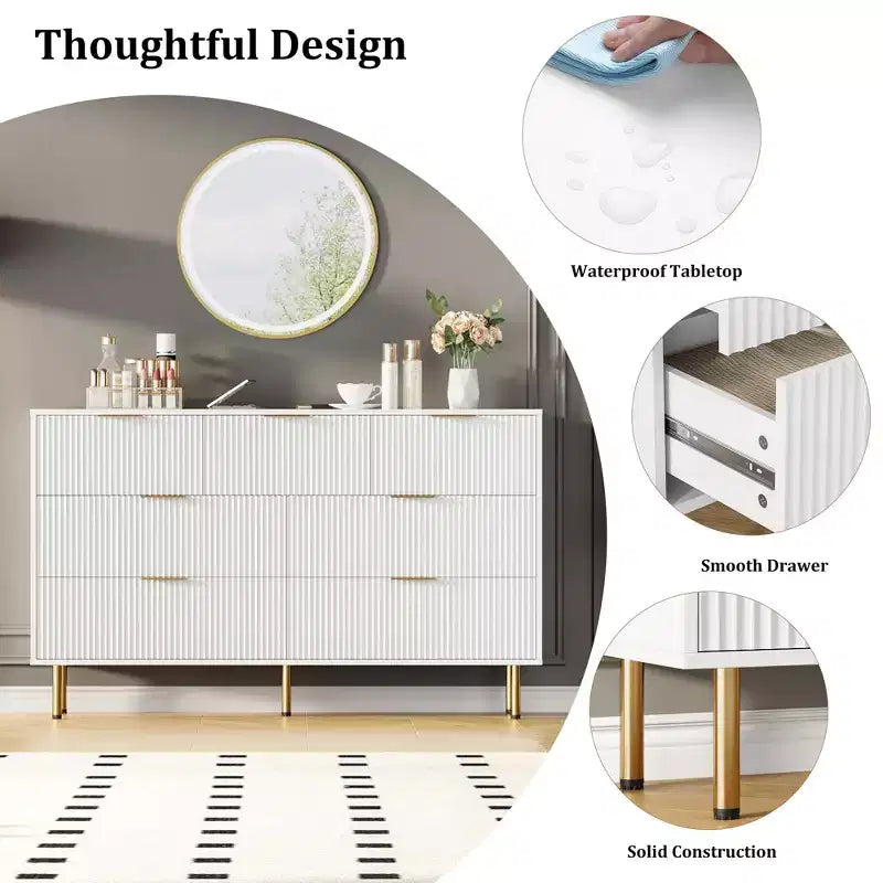 7 Drawer Dresser for Bedroom, 47W Wooden Chest of Drawers with Metal Handles, Fluted Dresser Storage Cabinet, TV Stand for Living Room