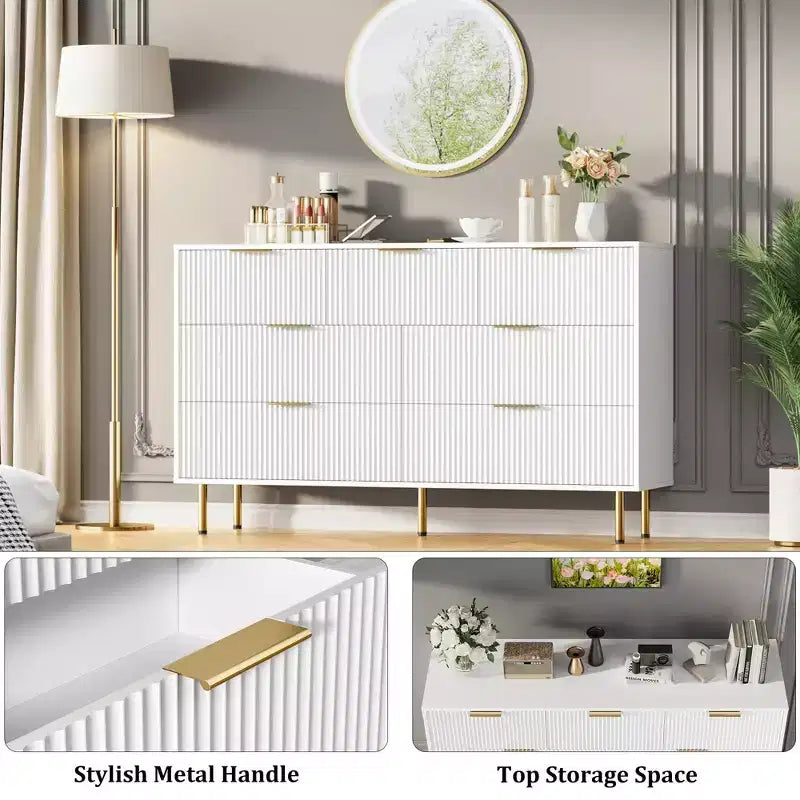 7 Drawer Dresser for Bedroom, 47W Wooden Chest of Drawers with Metal Handles, Fluted Dresser Storage Cabinet, TV Stand for Living Room