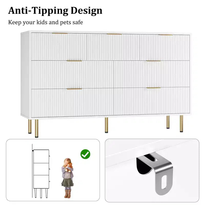 7 Drawer Dresser for Bedroom, 47W Wooden Chest of Drawers with Metal Handles, Fluted Dresser Storage Cabinet, TV Stand for Living Room
