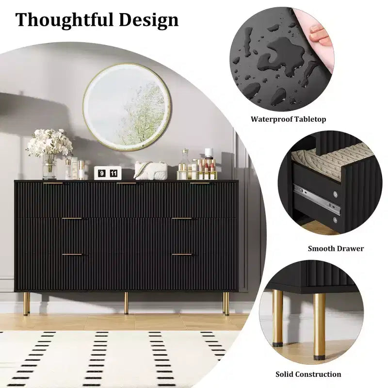 7 Drawer Dresser for Bedroom, 47W Wooden Chest of Drawers with Metal Handles, Fluted Dresser Storage Cabinet, TV Stand for Living Room