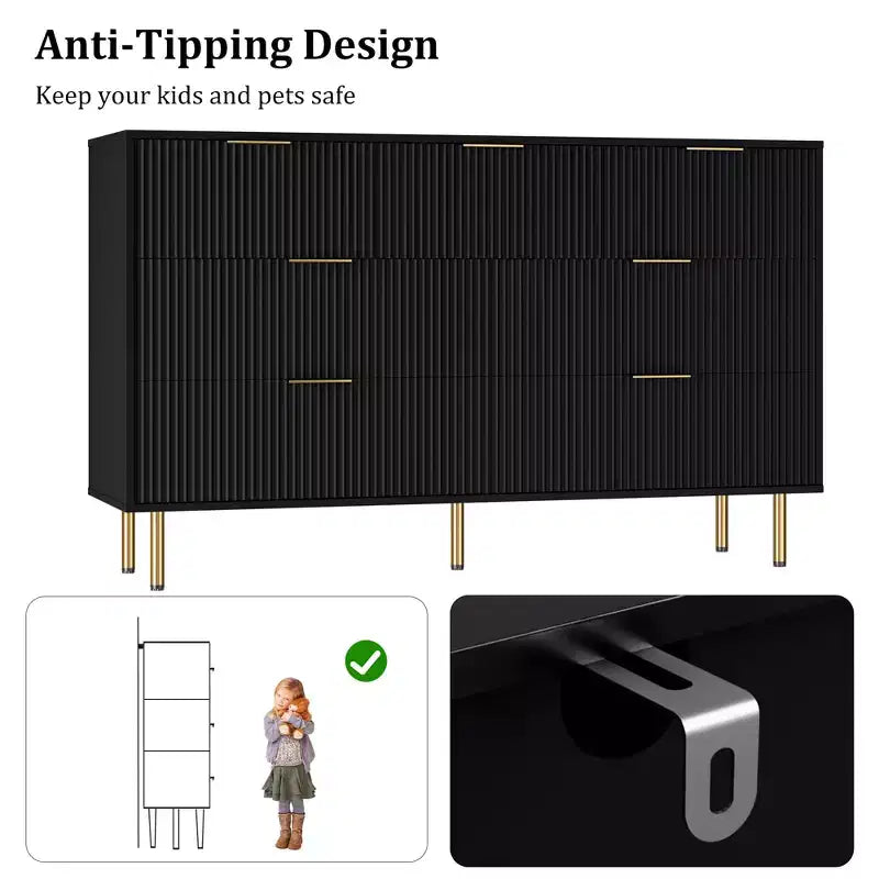 7 Drawer Dresser for Bedroom, 47W Wooden Chest of Drawers with Metal Handles, Fluted Dresser Storage Cabinet, TV Stand for Living Room