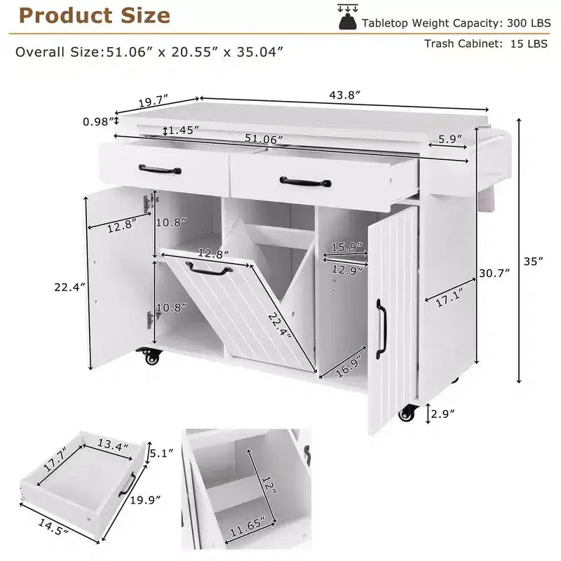 Kitchen Island with Trash Can Storage, Drop Leaf, Spice Rack, Adjustable Shelf, Rolling Kitchen Cart