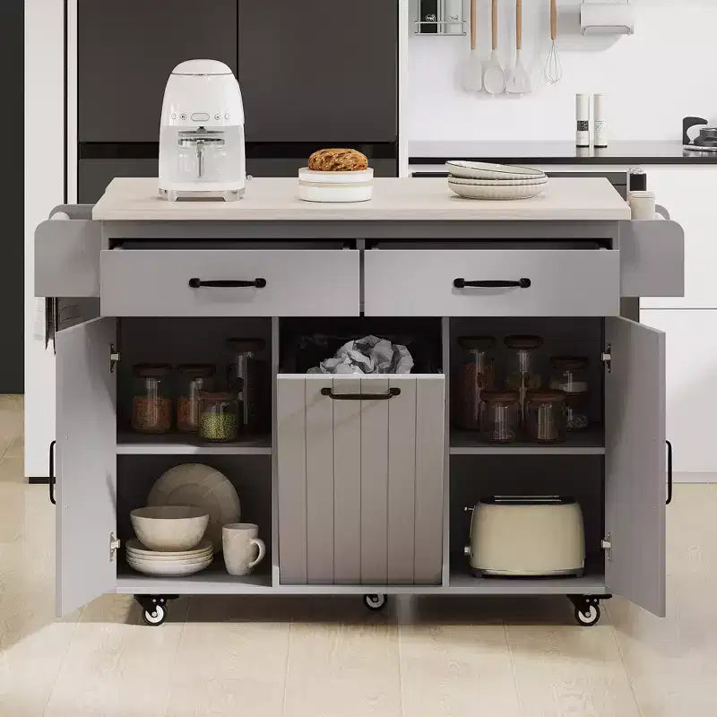 Kitchen Island with Trash Can Storage, Drop Leaf, Spice Rack, Adjustable Shelf, Rolling Kitchen Cart