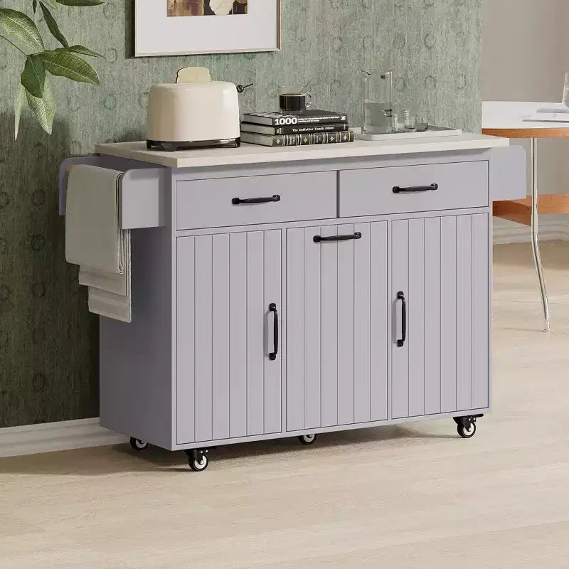 Kitchen Island with Trash Can Storage, Drop Leaf, Spice Rack, Adjustable Shelf, Rolling Kitchen Cart