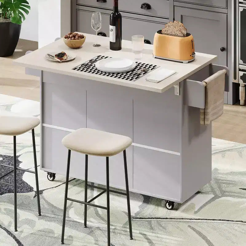 Kitchen Island with Trash Can Storage, Drop Leaf, Spice Rack, Adjustable Shelf, Rolling Kitchen Cart