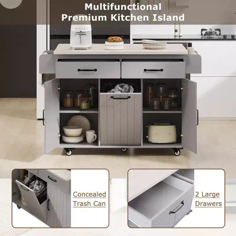 Kitchen Island with Trash Can Storage, Drop Leaf, Spice Rack, Adjustable Shelf, Rolling Kitchen Cart