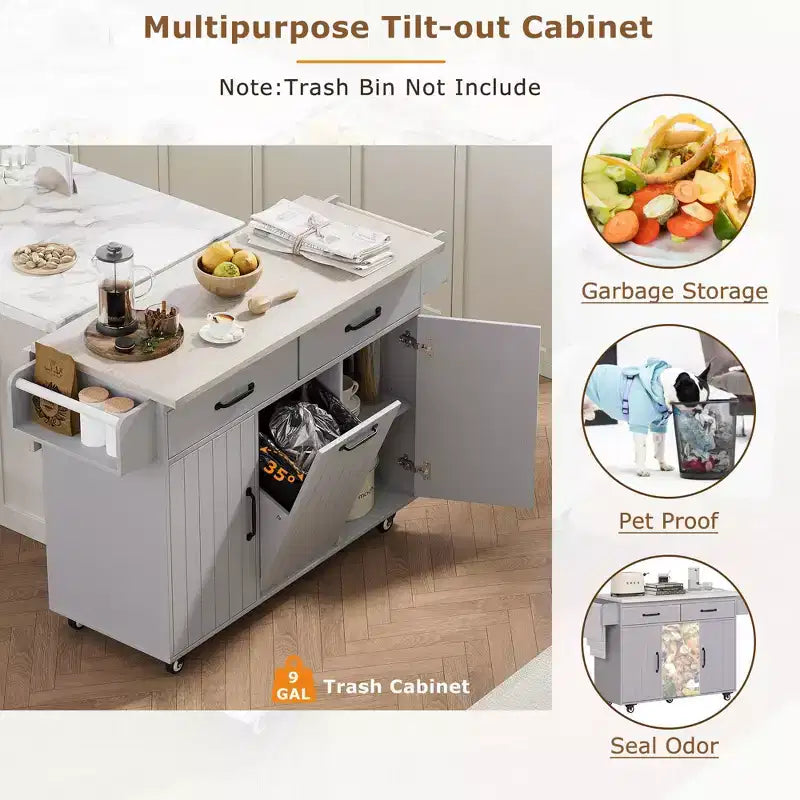 Kitchen Island with Trash Can Storage, Drop Leaf, Spice Rack, Adjustable Shelf, Rolling Kitchen Cart
