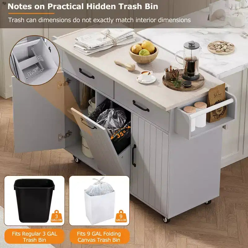 Kitchen Island with Trash Can Storage, Drop Leaf, Spice Rack, Adjustable Shelf, Rolling Kitchen Cart