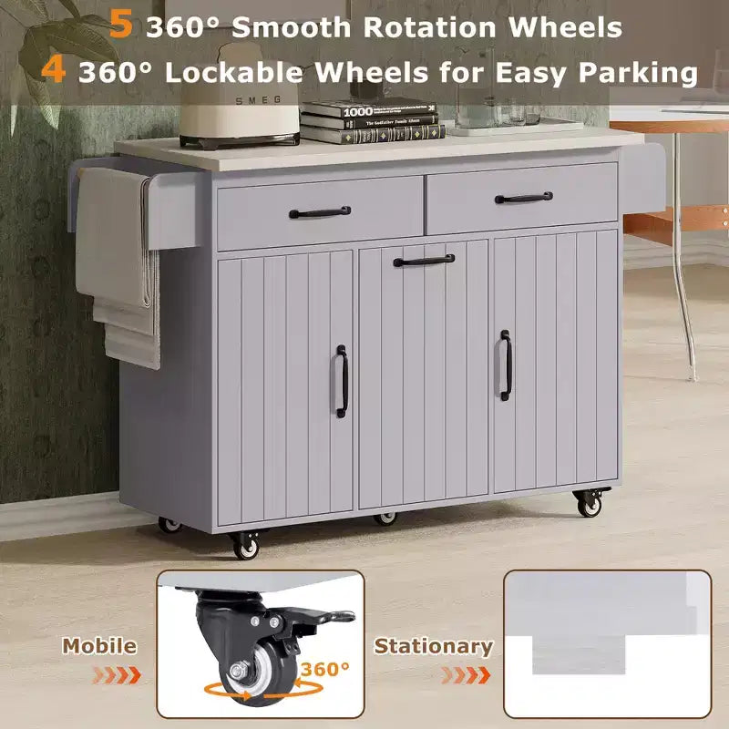 Kitchen Island with Trash Can Storage, Drop Leaf, Spice Rack, Adjustable Shelf, Rolling Kitchen Cart
