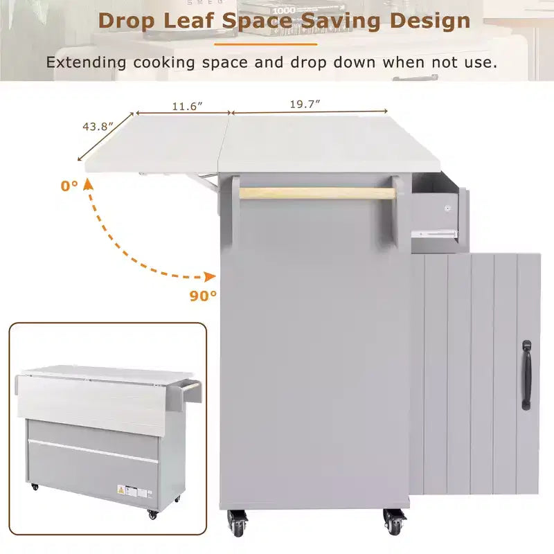 Kitchen Island with Trash Can Storage, Drop Leaf, Spice Rack, Adjustable Shelf, Rolling Kitchen Cart