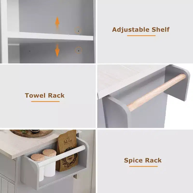 Kitchen Island with Trash Can Storage, Drop Leaf, Spice Rack, Adjustable Shelf, Rolling Kitchen Cart