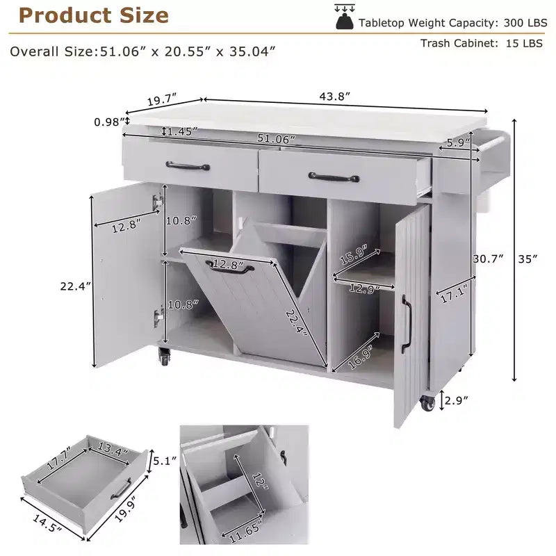 Kitchen Island with Trash Can Storage, Drop Leaf, Spice Rack, Adjustable Shelf, Rolling Kitchen Cart