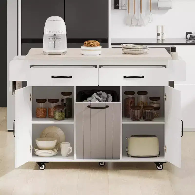 Kitchen Island with Trash Can Storage, Drop Leaf, Spice Rack, Adjustable Shelf, Rolling Kitchen Cart