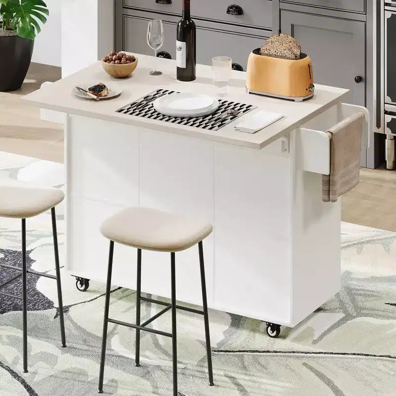 Kitchen Island with Trash Can Storage, Drop Leaf, Spice Rack, Adjustable Shelf, Rolling Kitchen Cart