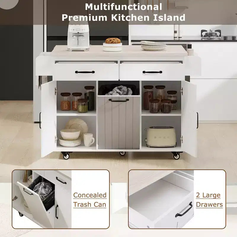Kitchen Island with Trash Can Storage, Drop Leaf, Spice Rack, Adjustable Shelf, Rolling Kitchen Cart