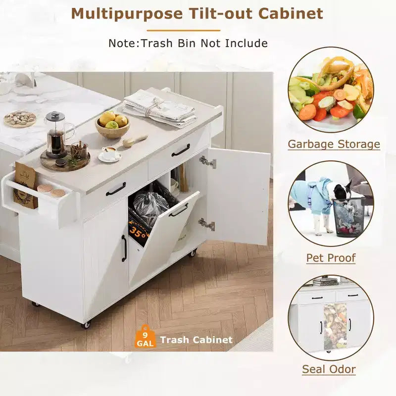 Kitchen Island with Trash Can Storage, Drop Leaf, Spice Rack, Adjustable Shelf, Rolling Kitchen Cart