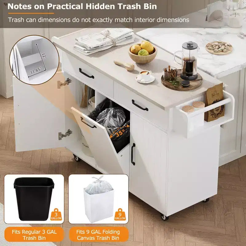 Kitchen Island with Trash Can Storage, Drop Leaf, Spice Rack, Adjustable Shelf, Rolling Kitchen Cart