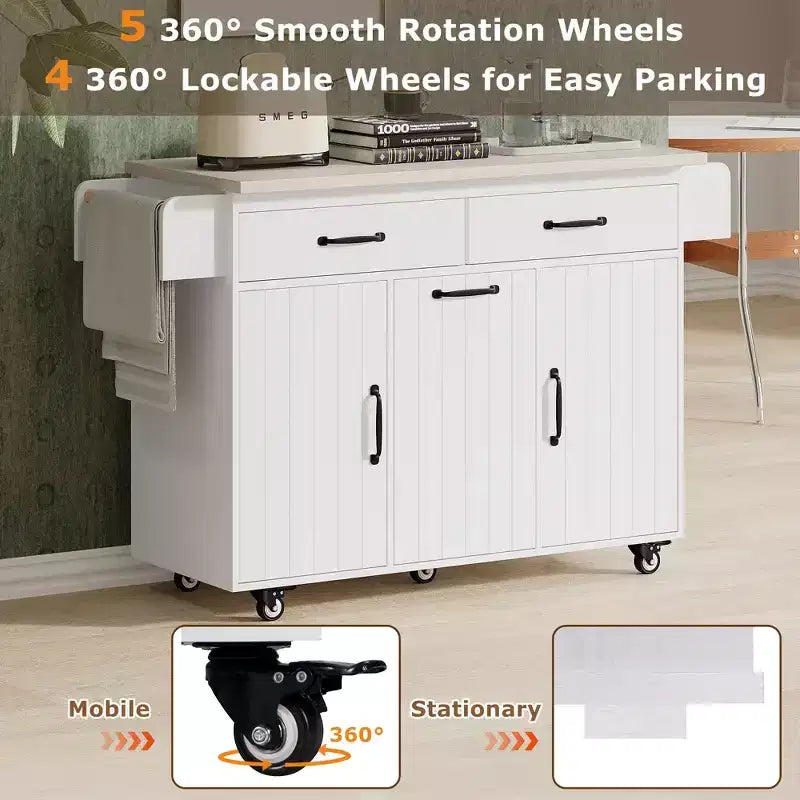 Kitchen Island with Trash Can Storage, Drop Leaf, Spice Rack, Adjustable Shelf, Rolling Kitchen Cart