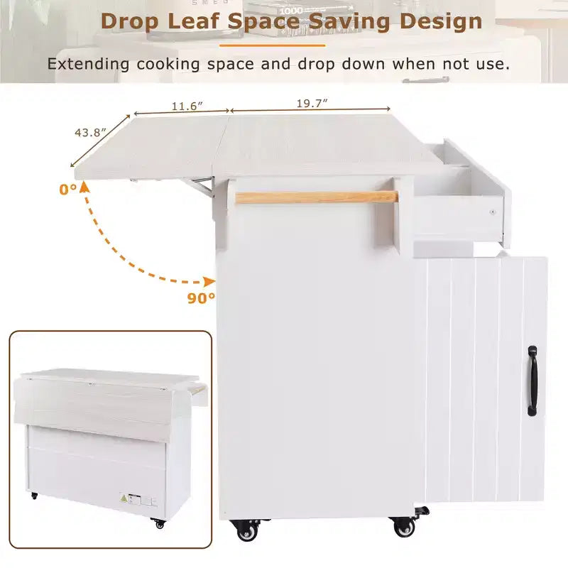 Kitchen Island with Trash Can Storage, Drop Leaf, Spice Rack, Adjustable Shelf, Rolling Kitchen Cart